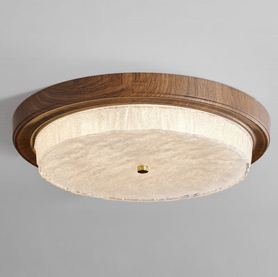 Plafonnier LED moderne minimaliste rond à ondulation d'eau avec cadre en fer à grain de bois et abat-jour en verre pour salon 
