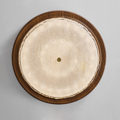 Plafonnier LED moderne minimaliste rond à ondulation d'eau avec cadre en fer à grain de bois et abat-jour en verre pour salon 
