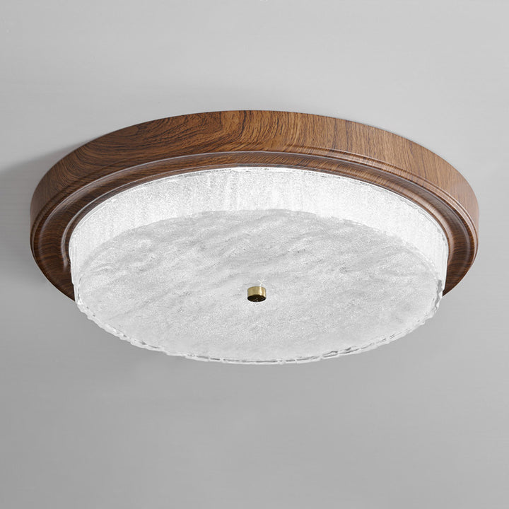 Moderna Minimalista Redonda Agua Ondulada Grano de Madera Marco de Hierro Pantalla de Vidrio LED Luz de Techo Empotrada para Sala de Estar 