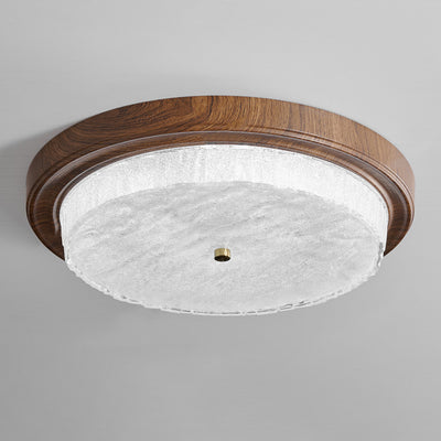 Plafonnier LED moderne minimaliste rond à ondulation d'eau avec cadre en fer à grain de bois et abat-jour en verre pour salon 