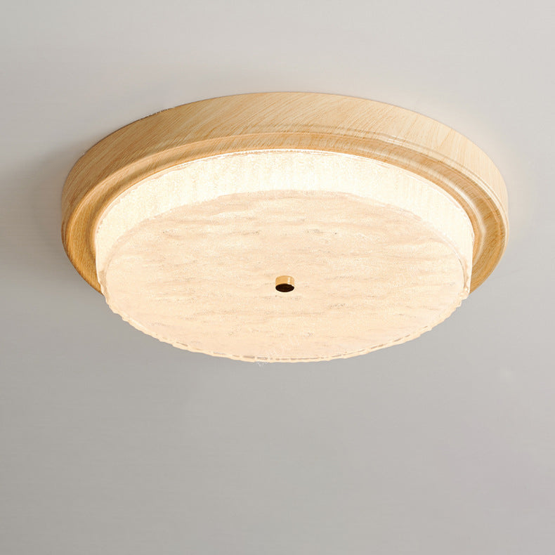 Moderna Minimalista Redonda Agua Ondulada Grano de Madera Marco de Hierro Pantalla de Vidrio LED Luz de Techo Empotrada para Sala de Estar 