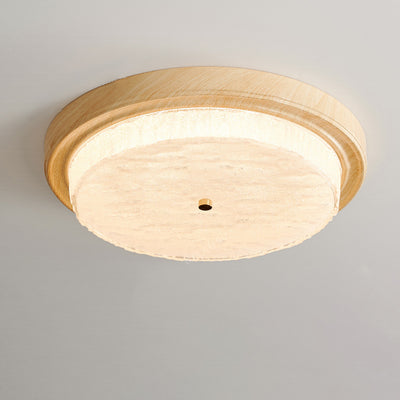 Plafonnier LED moderne minimaliste rond à ondulation d'eau avec cadre en fer à grain de bois et abat-jour en verre pour salon 