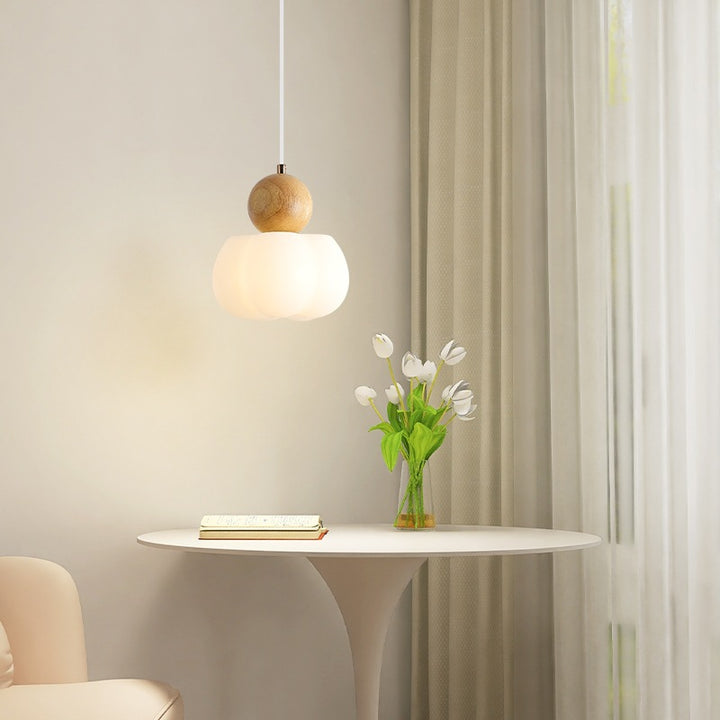 Traditional Vintage Orb Pumpkin Shape Wood Plastic Shade 1-Light Pendant Light For Living Room