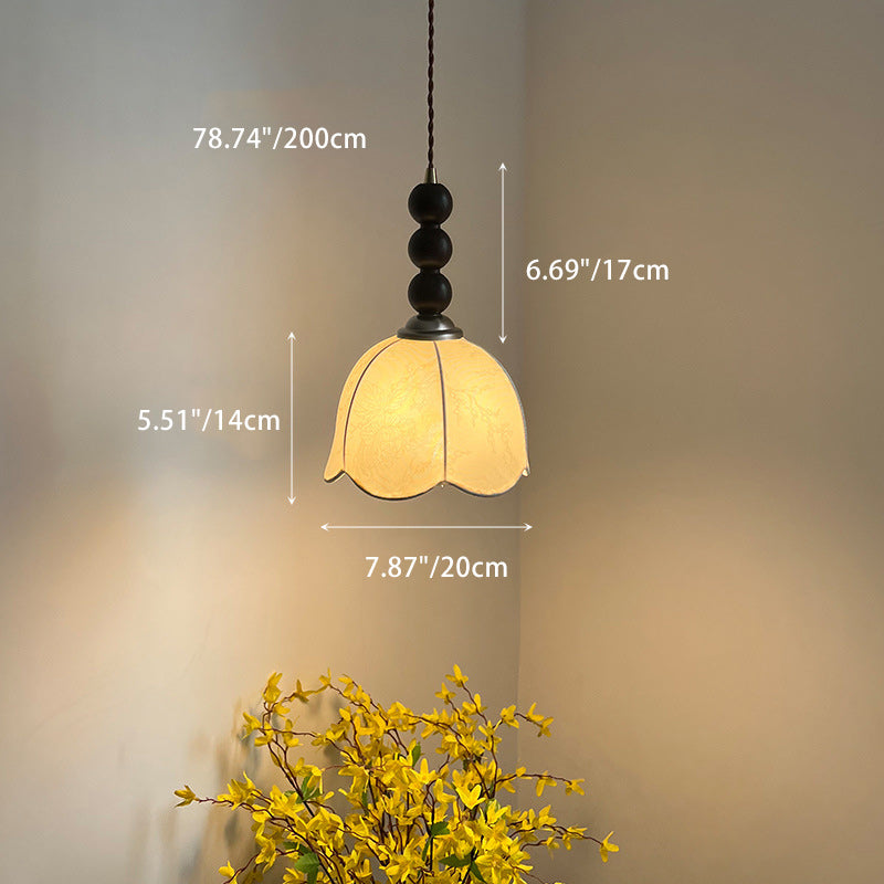 Lustre Suspendu 1-Lumière avec Abat-Jour en Tissu et Matériel en Bois, Perles Rondes Vintage Traditionnelles pour Salon 
