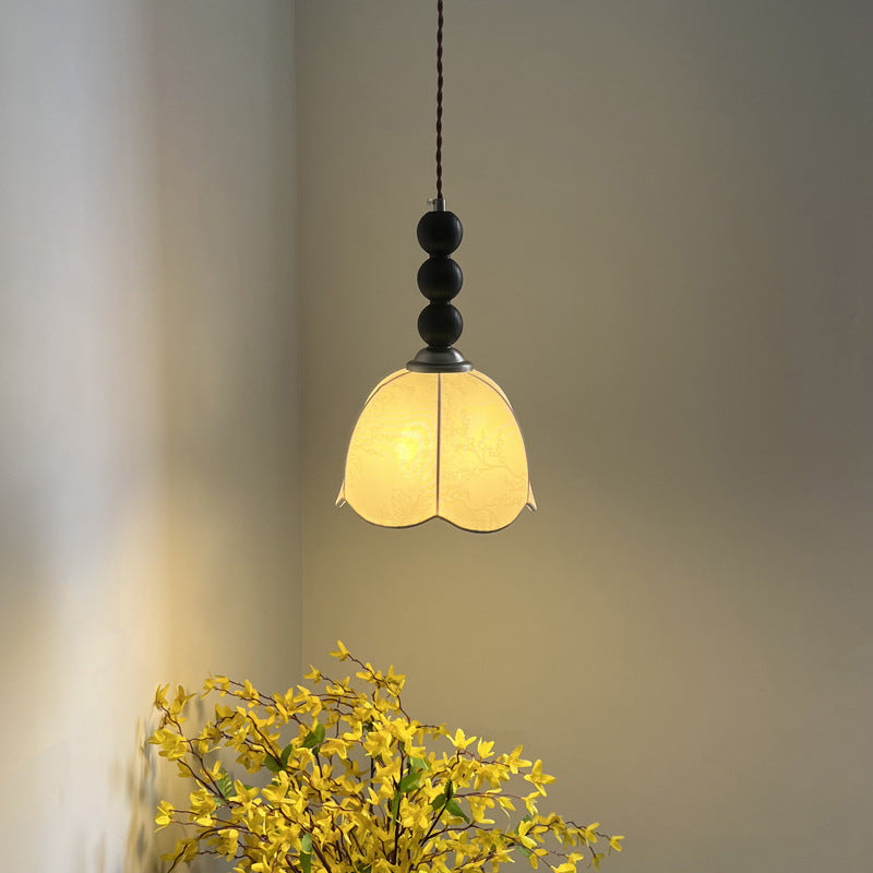 Lustre Suspendu 1-Lumière avec Abat-Jour en Tissu et Matériel en Bois, Perles Rondes Vintage Traditionnelles pour Salon 