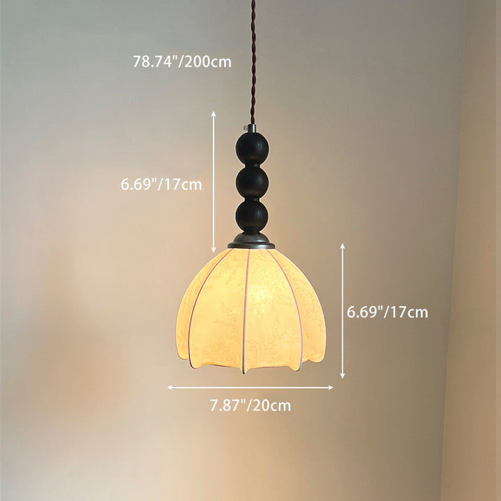 Lustre Suspendu 1-Lumière avec Abat-Jour en Tissu et Matériel en Bois, Perles Rondes Vintage Traditionnelles pour Salon 