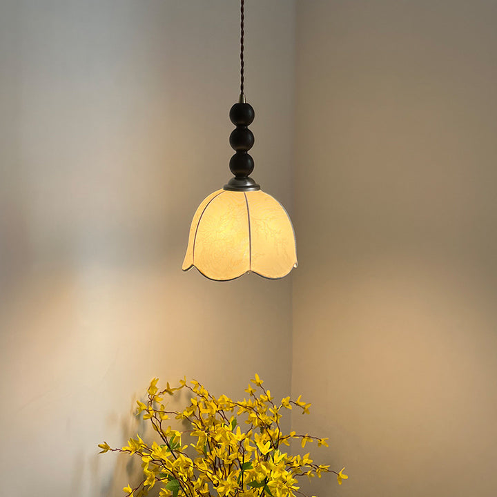 Lustre Suspendu 1-Lumière avec Abat-Jour en Tissu et Matériel en Bois, Perles Rondes Vintage Traditionnelles pour Salon 