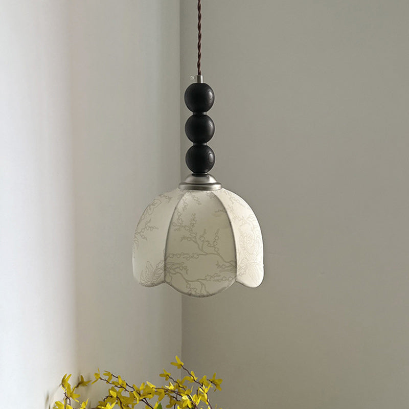 Lustre Suspendu 1-Lumière avec Abat-Jour en Tissu et Matériel en Bois, Perles Rondes Vintage Traditionnelles pour Salon 