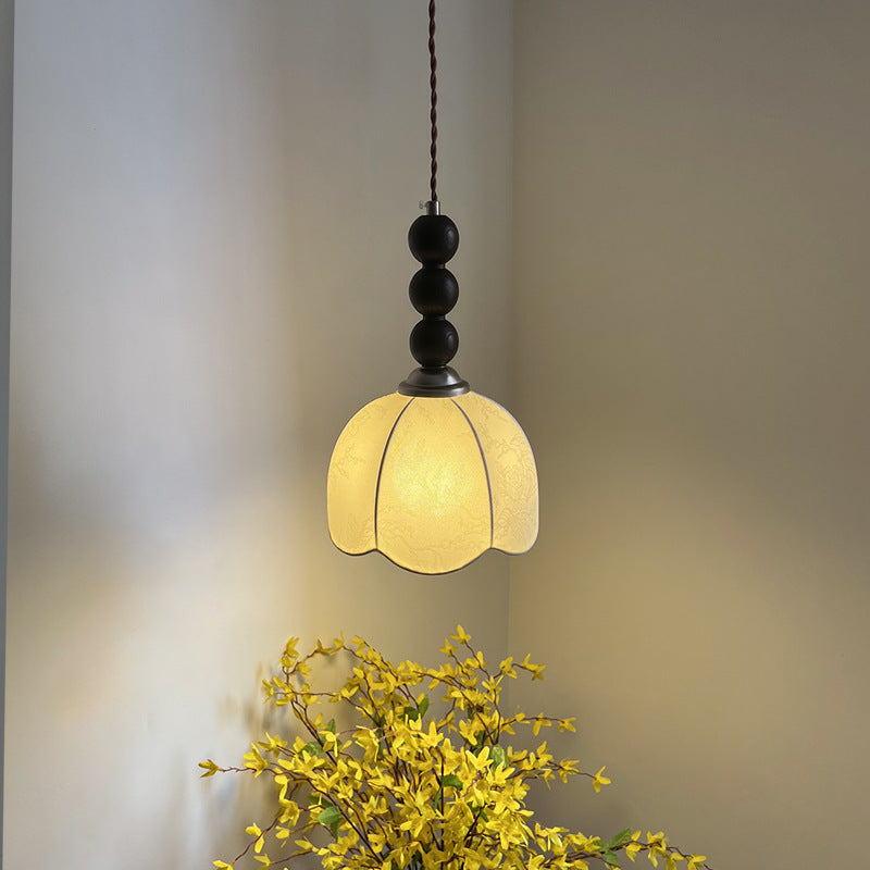 Lustre Suspendu 1-Lumière avec Abat-Jour en Tissu et Matériel en Bois, Perles Rondes Vintage Traditionnelles pour Salon 