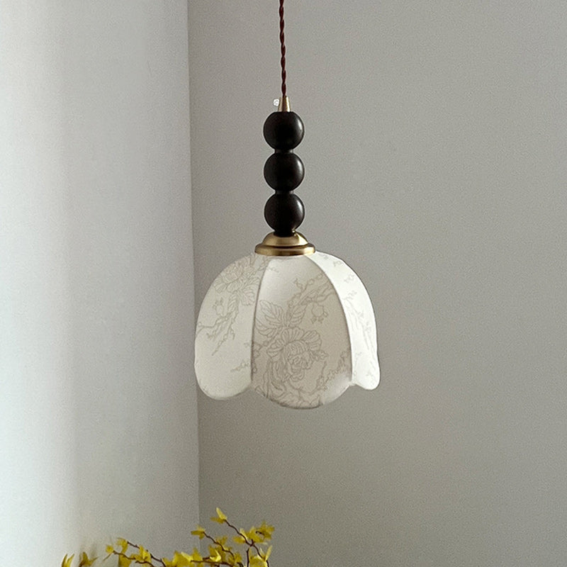 Lustre Suspendu 1-Lumière avec Abat-Jour en Tissu et Matériel en Bois, Perles Rondes Vintage Traditionnelles pour Salon 