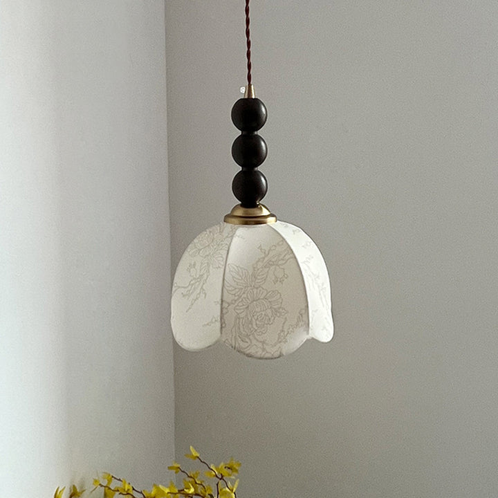 Lustre Suspendu 1-Lumière avec Abat-Jour en Tissu et Matériel en Bois, Perles Rondes Vintage Traditionnelles pour Salon 