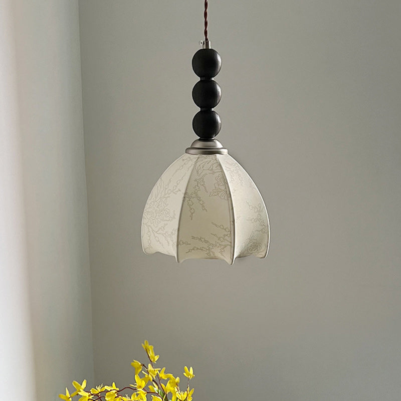 Lustre Suspendu 1-Lumière avec Abat-Jour en Tissu et Matériel en Bois, Perles Rondes Vintage Traditionnelles pour Salon 