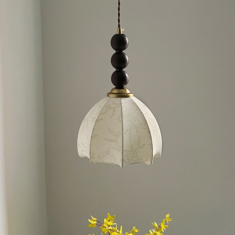 Lustre Suspendu 1-Lumière avec Abat-Jour en Tissu et Matériel en Bois, Perles Rondes Vintage Traditionnelles pour Salon 