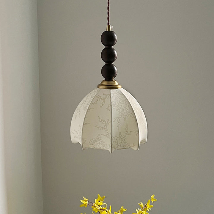Lustre Suspendu 1-Lumière avec Abat-Jour en Tissu et Matériel en Bois, Perles Rondes Vintage Traditionnelles pour Salon 