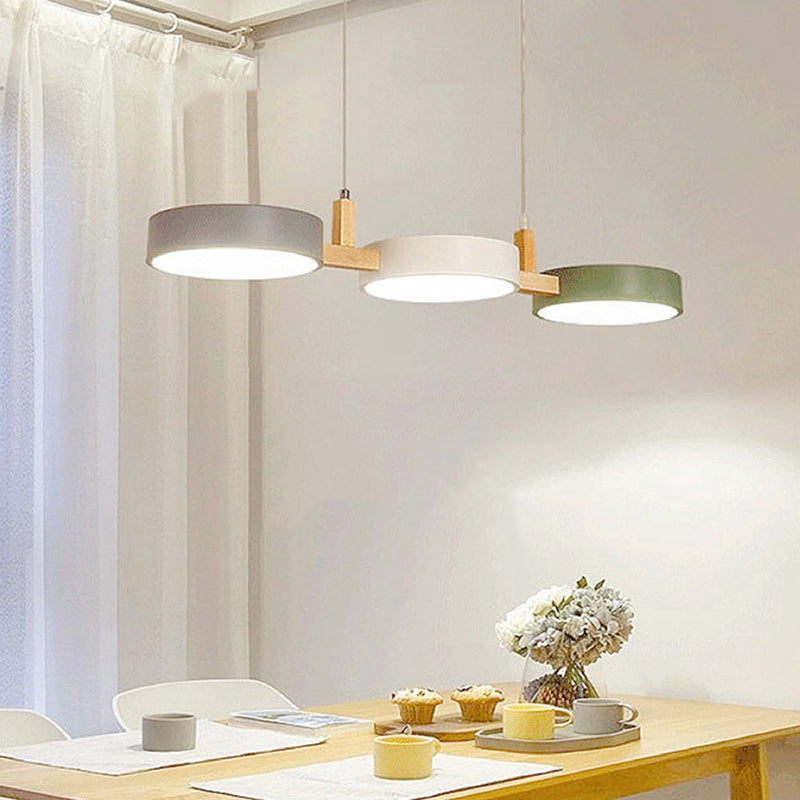 Lustre Contemporain Nordique Rond Métal Bois Acrylique Abat-jour LED pour Salle à Manger 