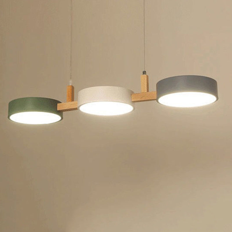 Lustre Contemporain Nordique Rond Métal Bois Acrylique Abat-jour LED pour Salle à Manger 