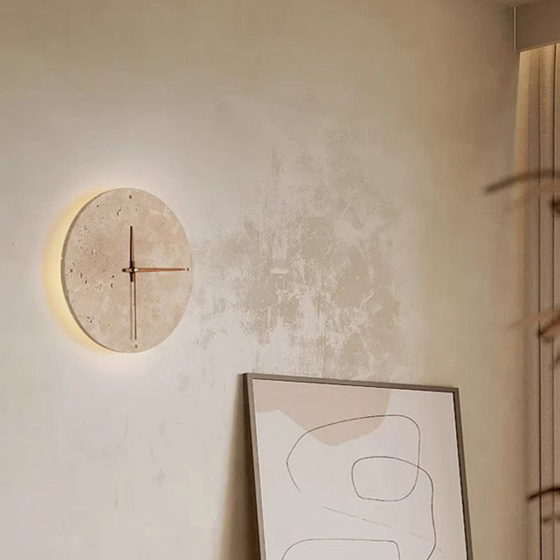 Modern Minimalist Round Clock Yellow Travertine Wood LED Wall Sconce Lamp For Living Room