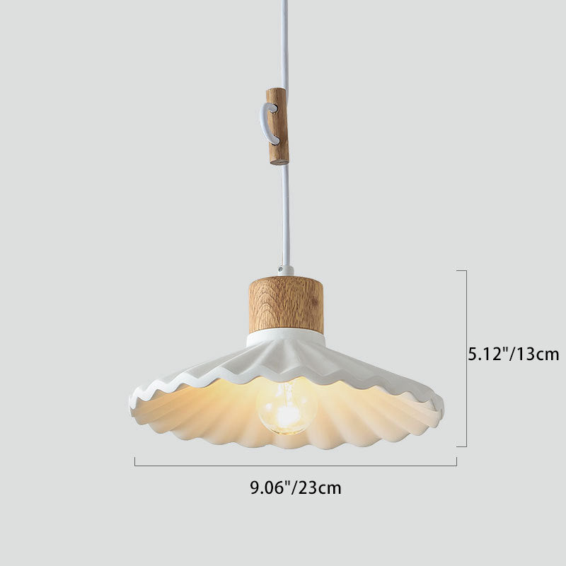 Suspension lumineuse contemporaine nordique ronde plissée en bois et ciment à 1 lumière pour salon 