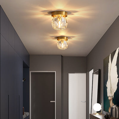 Modern Luxury Round Dome Irregular Orb Full Copper Crystal Shade 1-Light Semi-Flush Mount Ceiling Light For Living Room