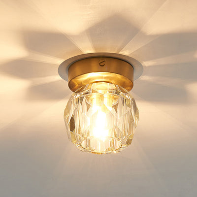 Modern Luxury Round Dome Irregular Orb Full Copper Crystal Shade 1-Light Semi-Flush Mount Ceiling Light For Living Room