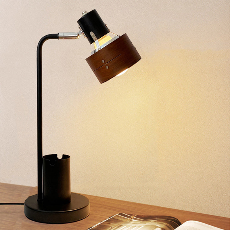 Lámpara de mesa de 1 luz con marco de hierro y pantalla de madera redonda retro contemporánea para dormitorio 