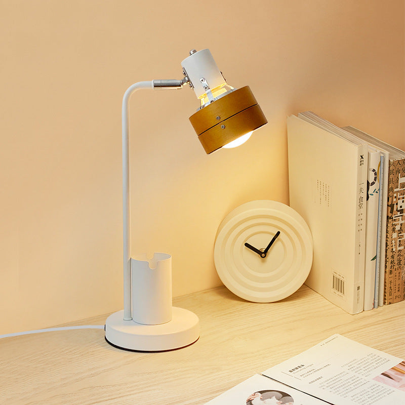 Lámpara de mesa de 1 luz con marco de hierro y pantalla de madera redonda retro contemporánea para dormitorio 