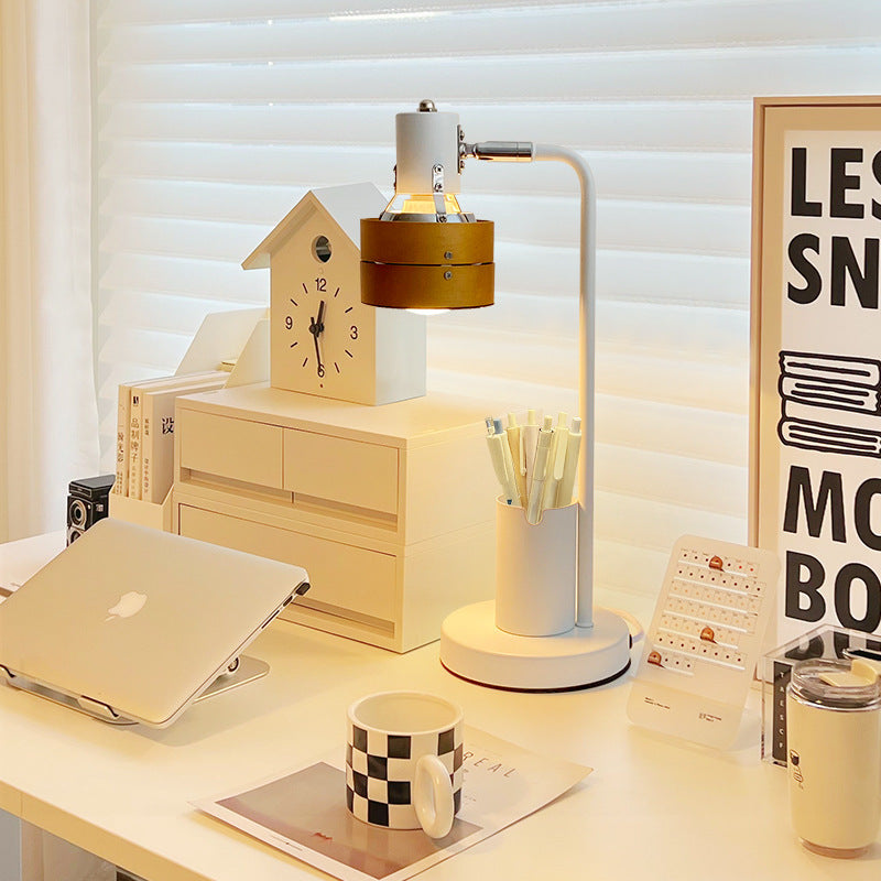 Lámpara de mesa de 1 luz con marco de hierro y pantalla de madera redonda retro contemporánea para dormitorio 