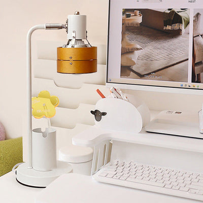 Lámpara de mesa de 1 luz con marco de hierro y pantalla de madera redonda retro contemporánea para dormitorio 