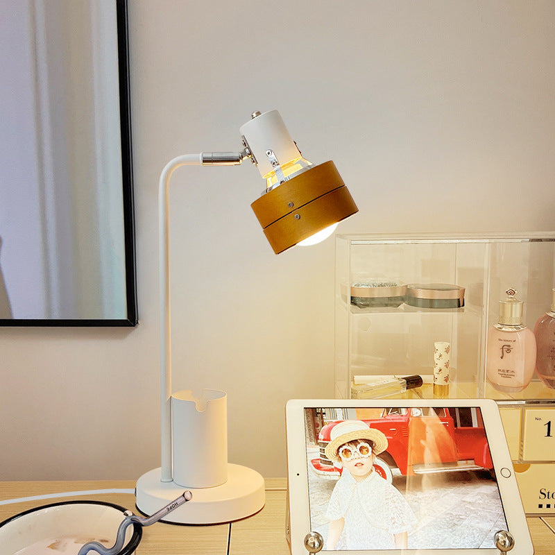 Lámpara de mesa de 1 luz con marco de hierro y pantalla de madera redonda retro contemporánea para dormitorio 