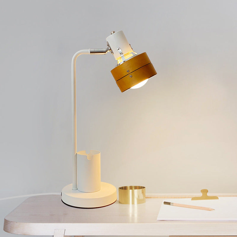 Lámpara de mesa de 1 luz con marco de hierro y pantalla de madera redonda retro contemporánea para dormitorio 
