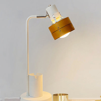 Lámpara de mesa de 1 luz con marco de hierro y pantalla de madera redonda retro contemporánea para dormitorio 