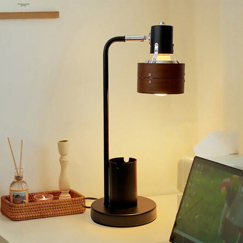 Lámpara de mesa de 1 luz con marco de hierro y pantalla de madera redonda retro contemporánea para dormitorio 