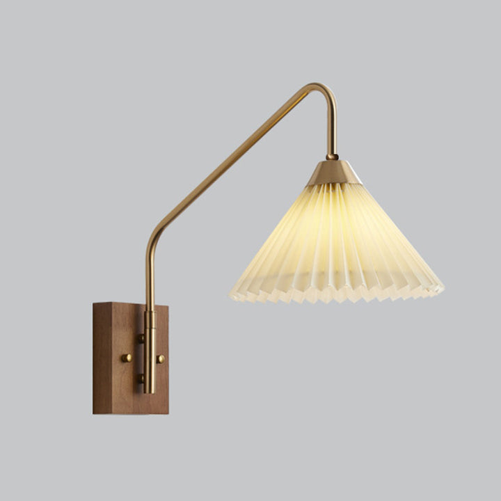 Traditional Japanese Pole Trapezoidal Pleated Fabric Shade Wood Iron 1-Light Wall Sconce Lamp For Living Room