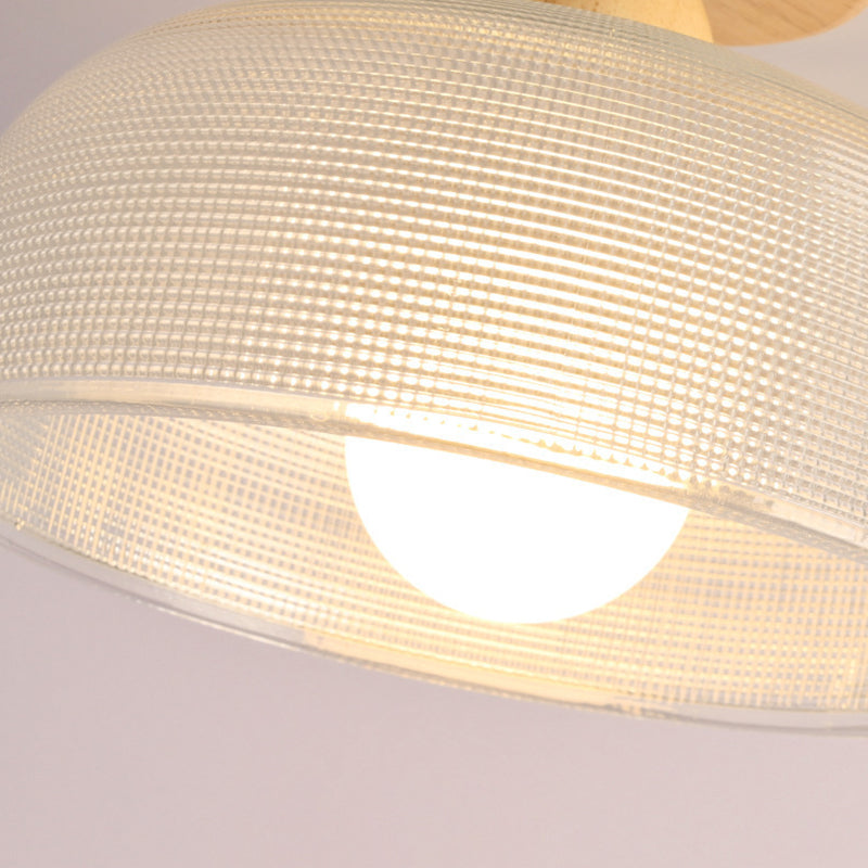Luz de techo semiempotrada de 1 luz con cúpula redonda retro contemporánea de madera y vidrio para sala de estar 