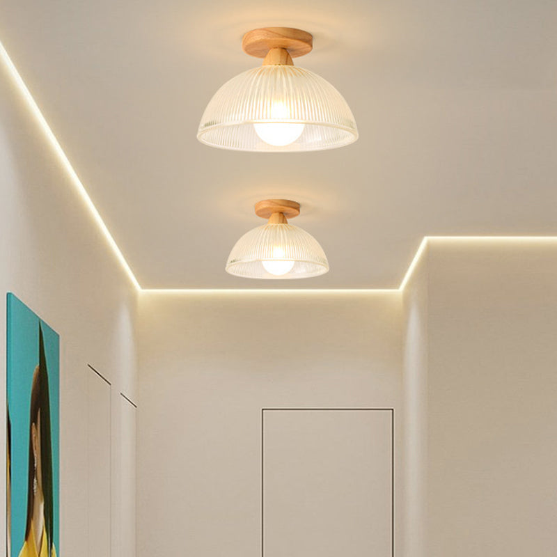 Luz de techo semiempotrada de 1 luz con cúpula redonda retro contemporánea de madera y vidrio para sala de estar 