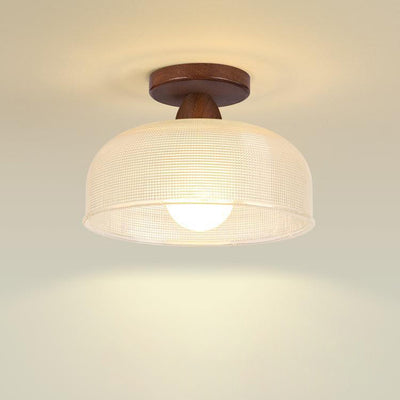 Luz de techo semiempotrada de 1 luz con cúpula redonda retro contemporánea de madera y vidrio para sala de estar 