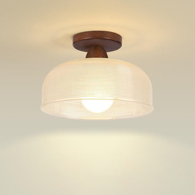 Luz de techo semiempotrada de 1 luz con cúpula redonda retro contemporánea de madera y vidrio para sala de estar 