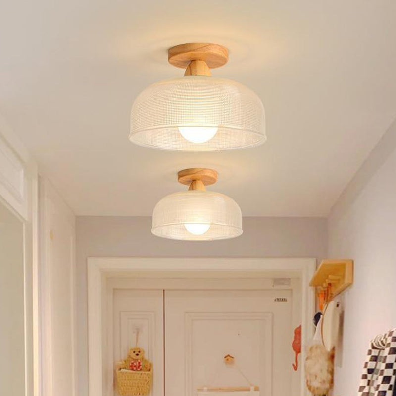 Luz de techo semiempotrada de 1 luz con cúpula redonda retro contemporánea de madera y vidrio para sala de estar 
