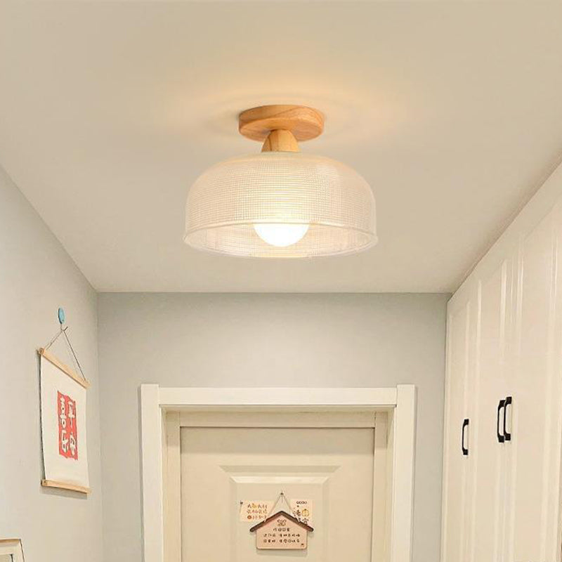 Luz de techo semiempotrada de 1 luz con cúpula redonda retro contemporánea de madera y vidrio para sala de estar 