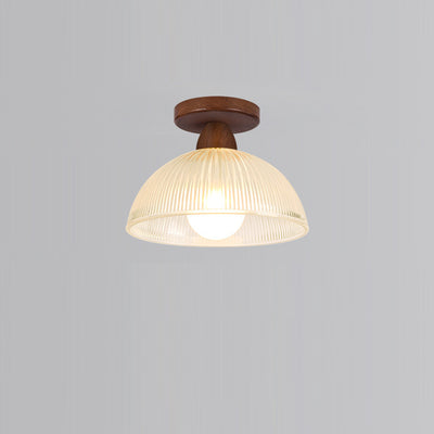 Luz de techo semiempotrada de 1 luz con cúpula redonda retro contemporánea de madera y vidrio para sala de estar 