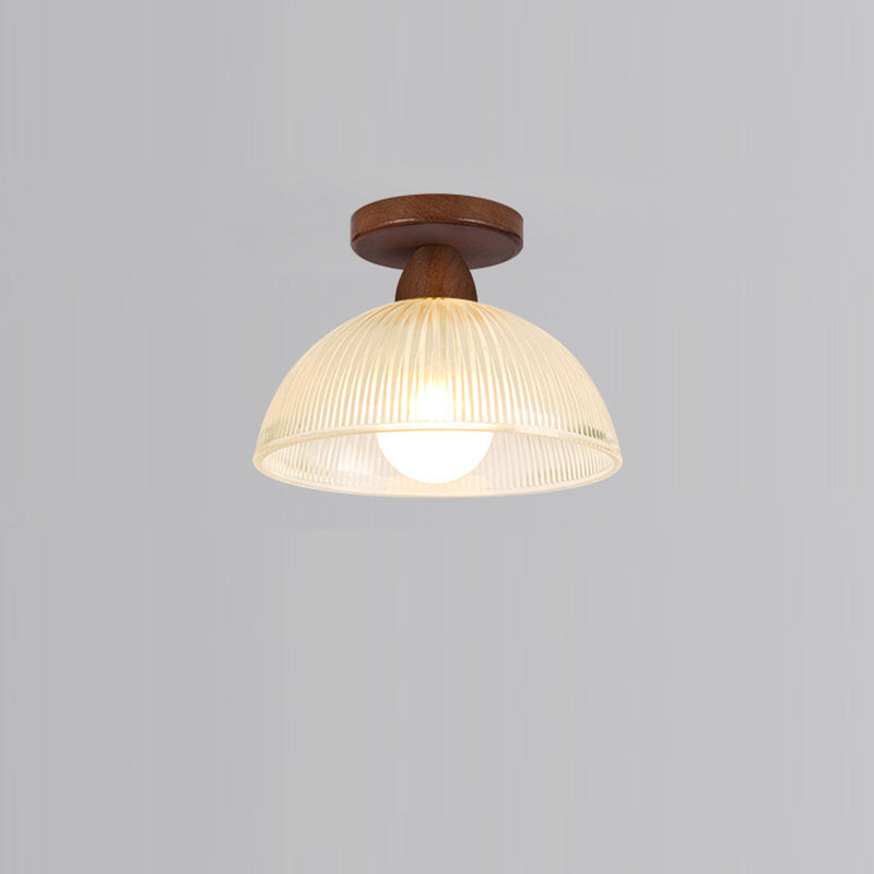 Luz de techo semiempotrada de 1 luz con cúpula redonda retro contemporánea de madera y vidrio para sala de estar 