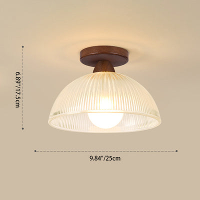 Luz de techo semiempotrada de 1 luz con cúpula redonda retro contemporánea de madera y vidrio para sala de estar 
