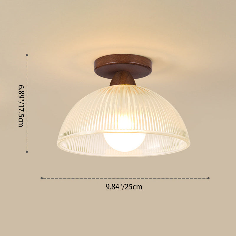Luz de techo semiempotrada de 1 luz con cúpula redonda retro contemporánea de madera y vidrio para sala de estar 