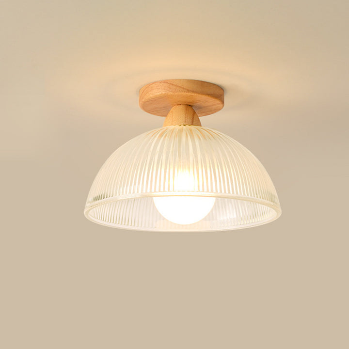 Dôme Rétro Contemporain Bol Rond en Bois et Verre 1-Lumière Plafonnier Semi-Encastré pour Salon 