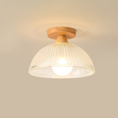 Luz de techo semiempotrada de 1 luz con cúpula redonda retro contemporánea de madera y vidrio para sala de estar 