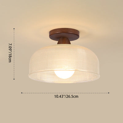 Luz de techo semiempotrada de 1 luz con cúpula redonda retro contemporánea de madera y vidrio para sala de estar 