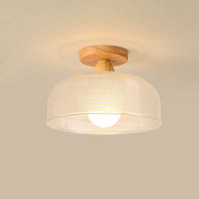 Luz de techo semiempotrada de 1 luz con cúpula redonda retro contemporánea de madera y vidrio para sala de estar 