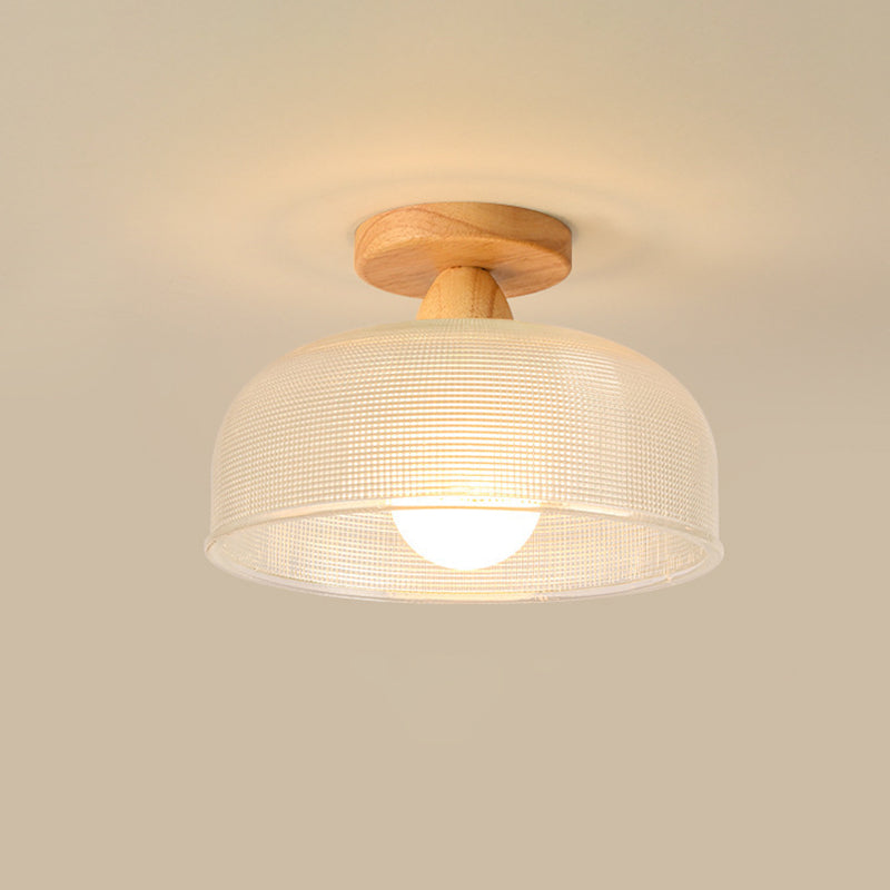 Luz de techo semiempotrada de 1 luz con cúpula redonda retro contemporánea de madera y vidrio para sala de estar 