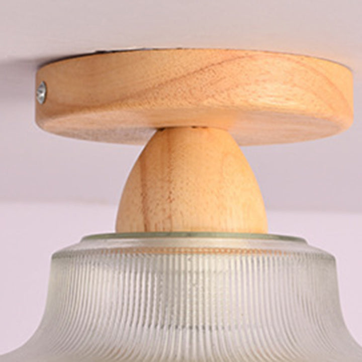 Dôme Rétro Contemporain Bol Rond en Bois et Verre 1-Lumière Plafonnier Semi-Encastré pour Salon 