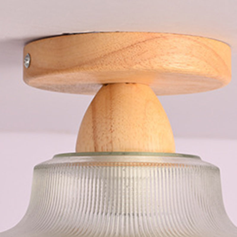 Luz de techo semiempotrada de 1 luz con cúpula redonda retro contemporánea de madera y vidrio para sala de estar 